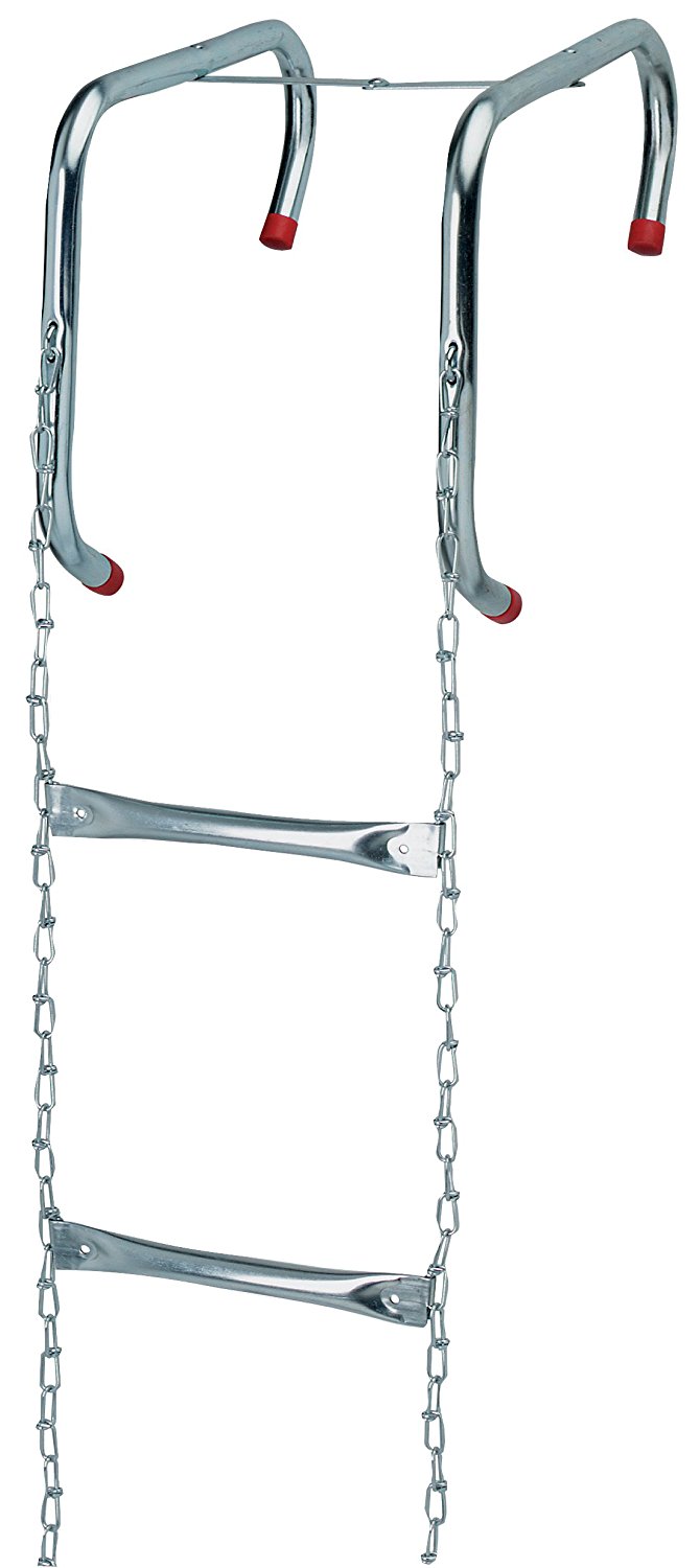 metal fire escape ladder with metal rungs and metal hooks